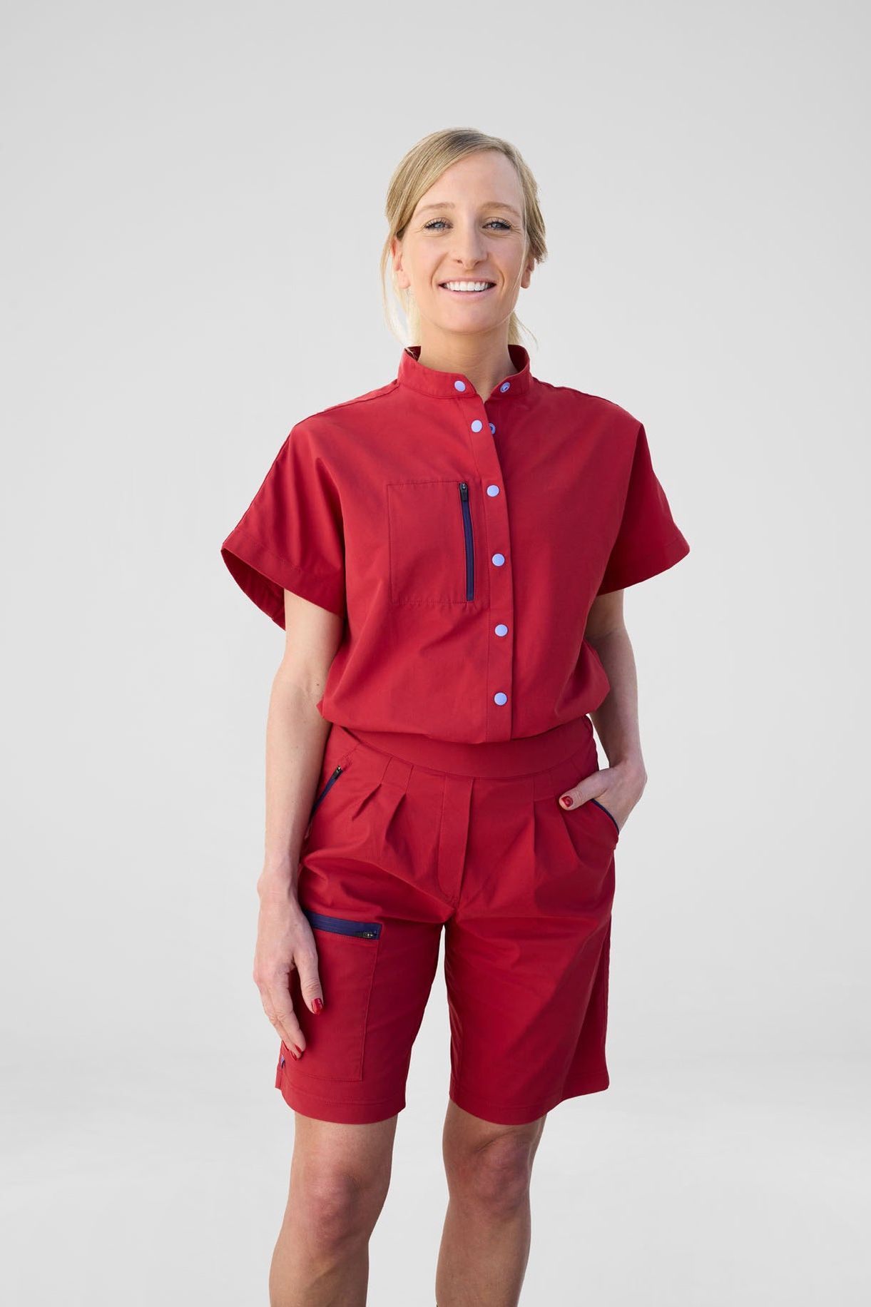 Model is wearing a size S short and blouse
